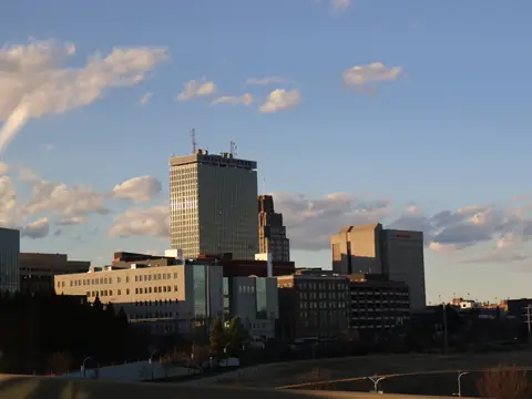 The Winston-Salem skyline seen from US 421 in late afternoon light